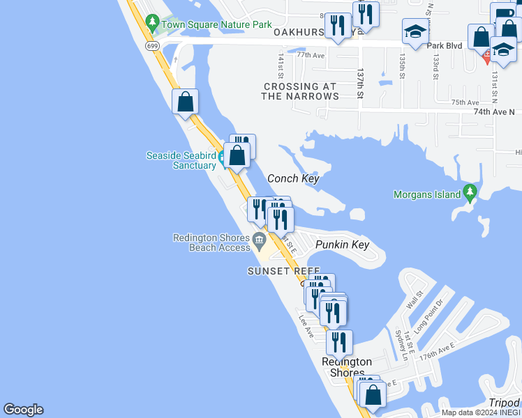 map of restaurants, bars, coffee shops, grocery stores, and more near 18213 Gulf Boulevard in Saint Petersburg