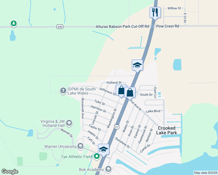 map of restaurants, bars, coffee shops, grocery stores, and more near 4625 Lincoln Street in Lake Wales