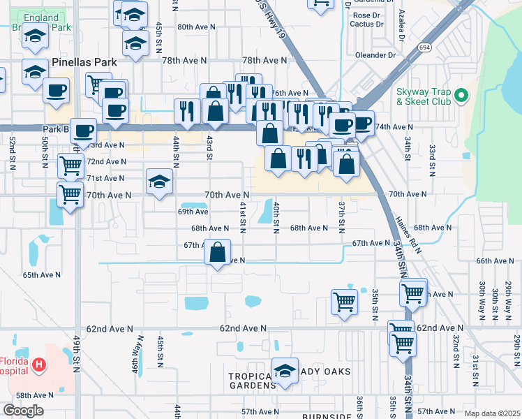 map of restaurants, bars, coffee shops, grocery stores, and more near 4059 69th Terrace North in Pinellas Park