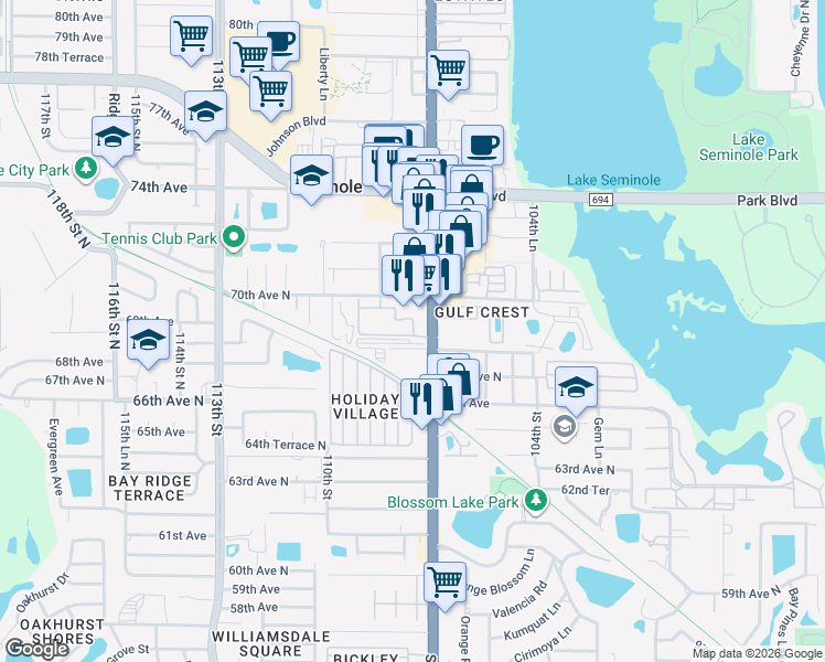 map of restaurants, bars, coffee shops, grocery stores, and more near 10754 70th Avenue in Seminole