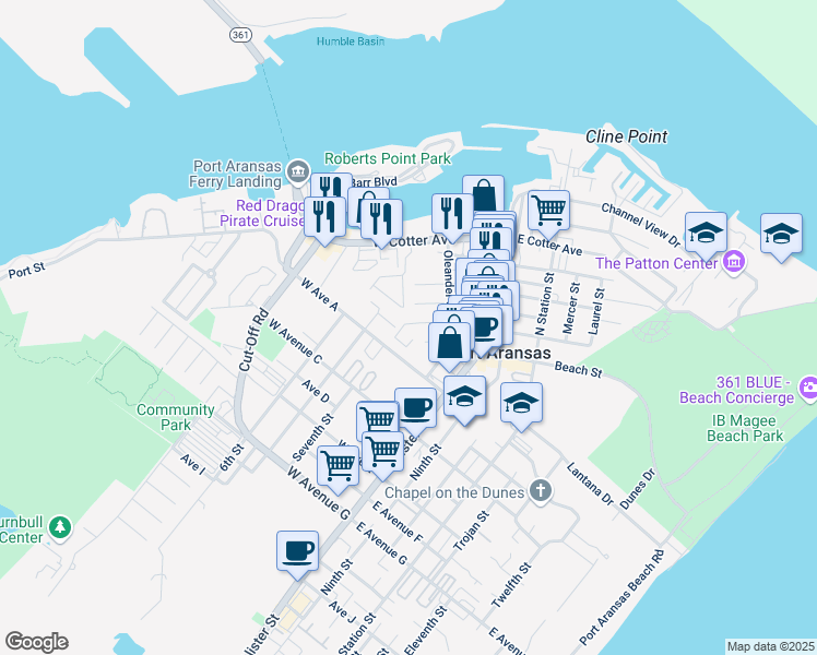 map of restaurants, bars, coffee shops, grocery stores, and more near 412 West Farley Avenue in Port Aransas