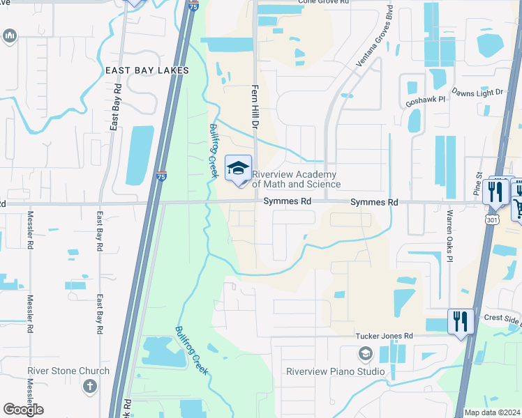 map of restaurants, bars, coffee shops, grocery stores, and more near 10003 Symmes Road in Riverview