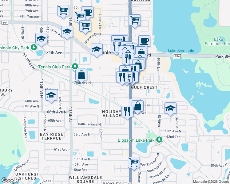 map of restaurants, bars, coffee shops, grocery stores, and more near 10764 70th Avenue North in Seminole
