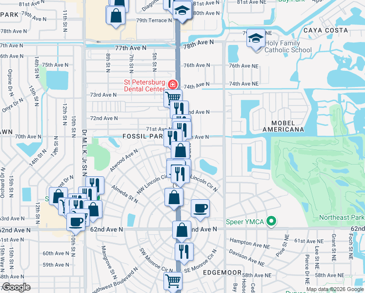 map of restaurants, bars, coffee shops, grocery stores, and more near 6920 3rd Street North in St. Petersburg