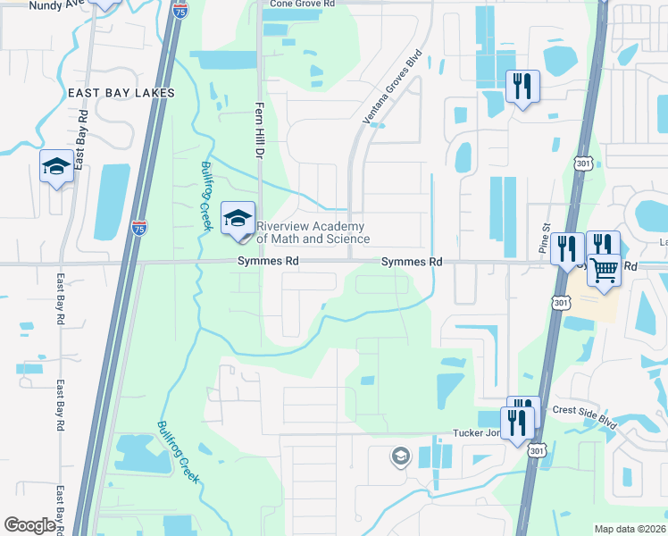 map of restaurants, bars, coffee shops, grocery stores, and more near 11411 Ivy Flower Loop in Riverview