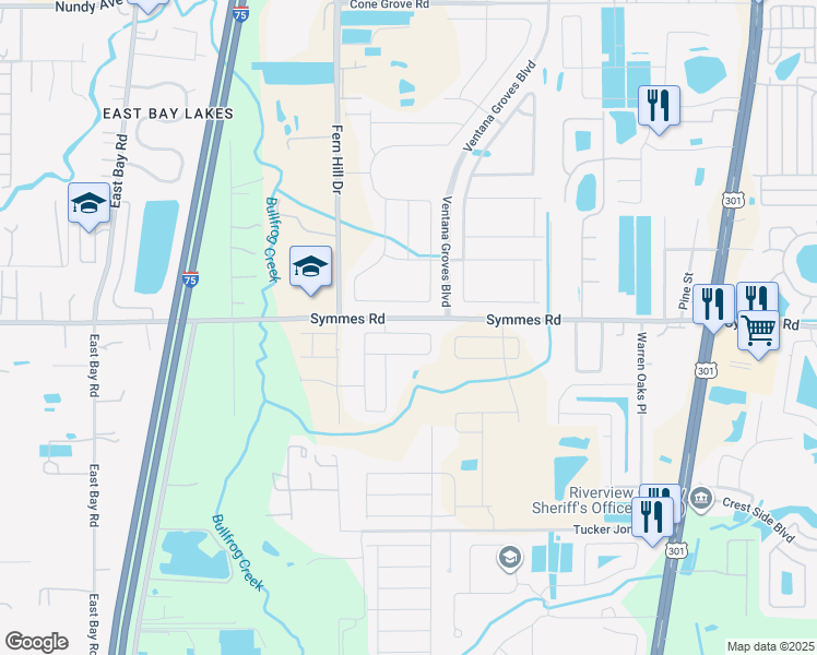 map of restaurants, bars, coffee shops, grocery stores, and more near 11433 Ivy Flower Loop in Riverview