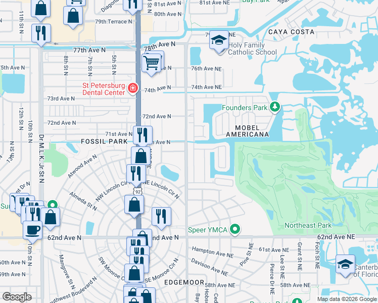 map of restaurants, bars, coffee shops, grocery stores, and more near 6940 1st Street Northeast in St. Petersburg