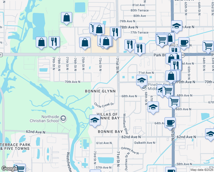 map of restaurants, bars, coffee shops, grocery stores, and more near 6825 Circle Creek Drive in Pinellas Park