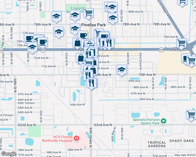 map of restaurants, bars, coffee shops, grocery stores, and more near 6951 49th Street North in Pinellas Park