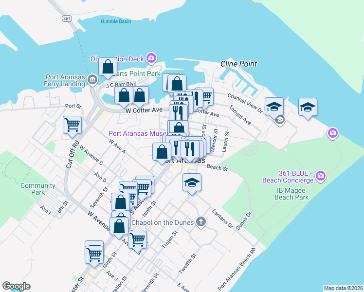 map of restaurants, bars, coffee shops, grocery stores, and more near 205 East Brundrett Avenue in Port Aransas