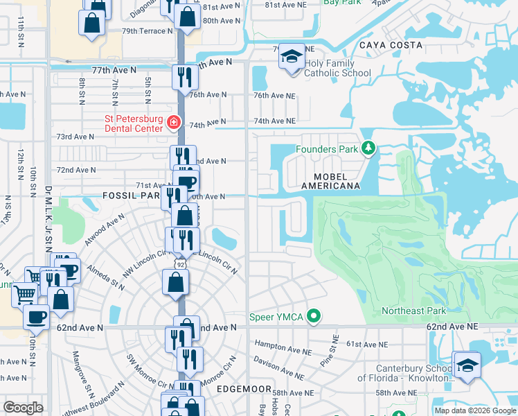 map of restaurants, bars, coffee shops, grocery stores, and more near 111 Mount Isle Avenue Northeast in St. Petersburg