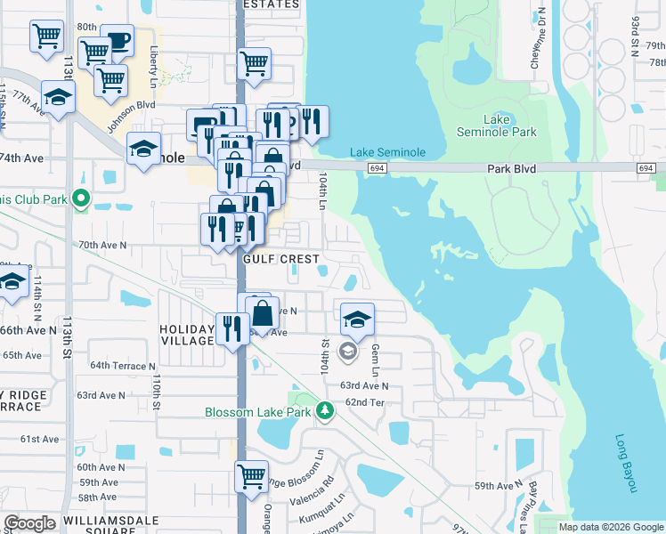 map of restaurants, bars, coffee shops, grocery stores, and more near 10342 Addison Way in Seminole
