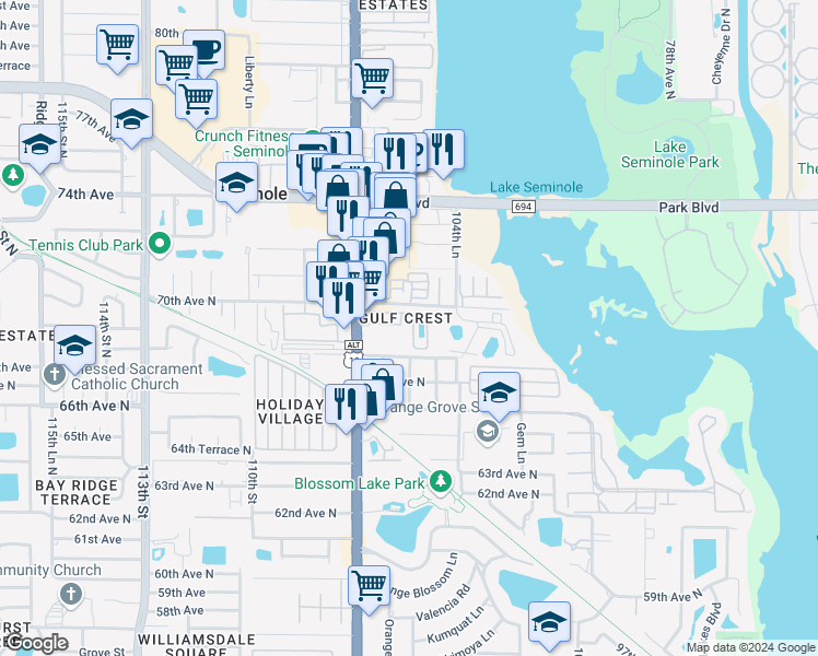 map of restaurants, bars, coffee shops, grocery stores, and more near 6945 Seminole Boulevard in Seminole