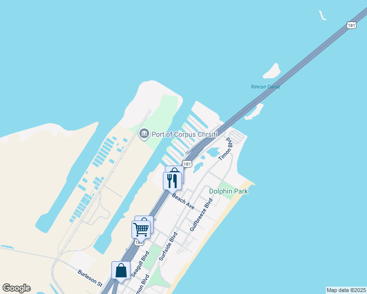 map of restaurants, bars, coffee shops, grocery stores, and more near 732 Enchanted Harbor in Corpus Christi