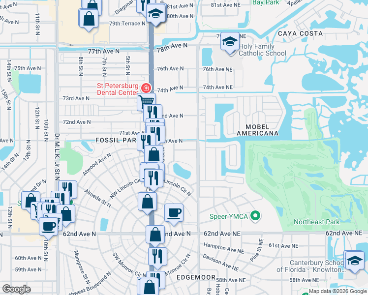 map of restaurants, bars, coffee shops, grocery stores, and more near 155 69th Avenue North in St. Petersburg