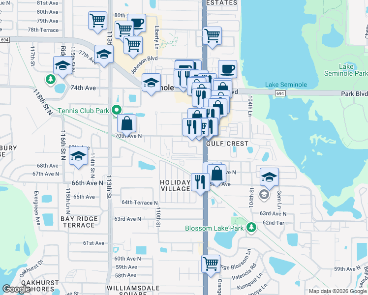 map of restaurants, bars, coffee shops, grocery stores, and more near 10883 70th Avenue North in Seminole