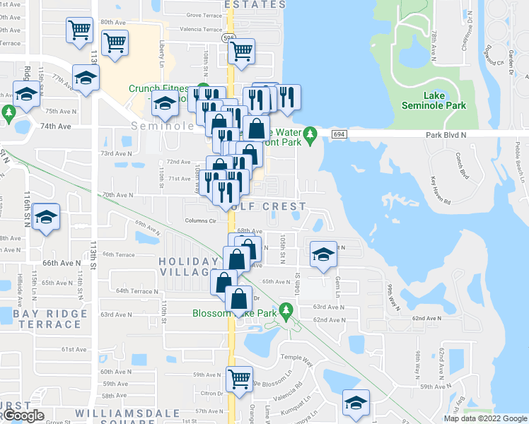 map of restaurants, bars, coffee shops, grocery stores, and more near 6945 Seminole Boulevard in Seminole