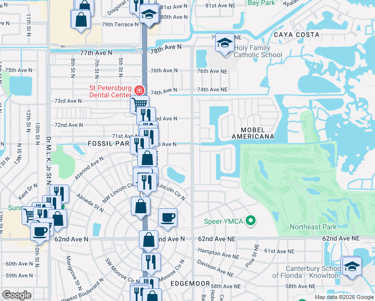 map of restaurants, bars, coffee shops, grocery stores, and more near 6940 1st Street Northeast in St. Petersburg