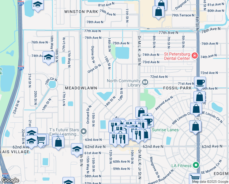 map of restaurants, bars, coffee shops, grocery stores, and more near 6919 14th Street North in St. Petersburg
