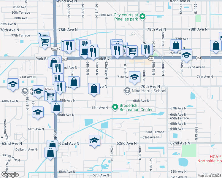 map of restaurants, bars, coffee shops, grocery stores, and more near 6990 62nd Street North in Pinellas Park