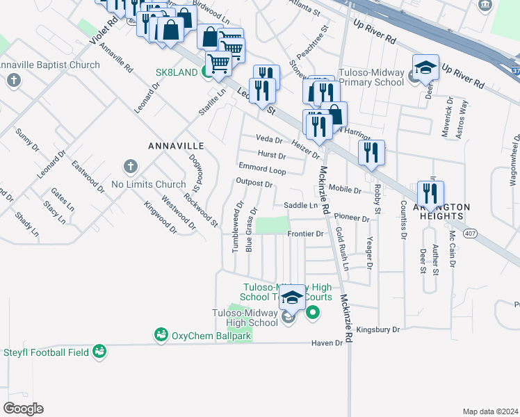 map of restaurants, bars, coffee shops, grocery stores, and more near 2830 Blue Grass Drive in Corpus Christi