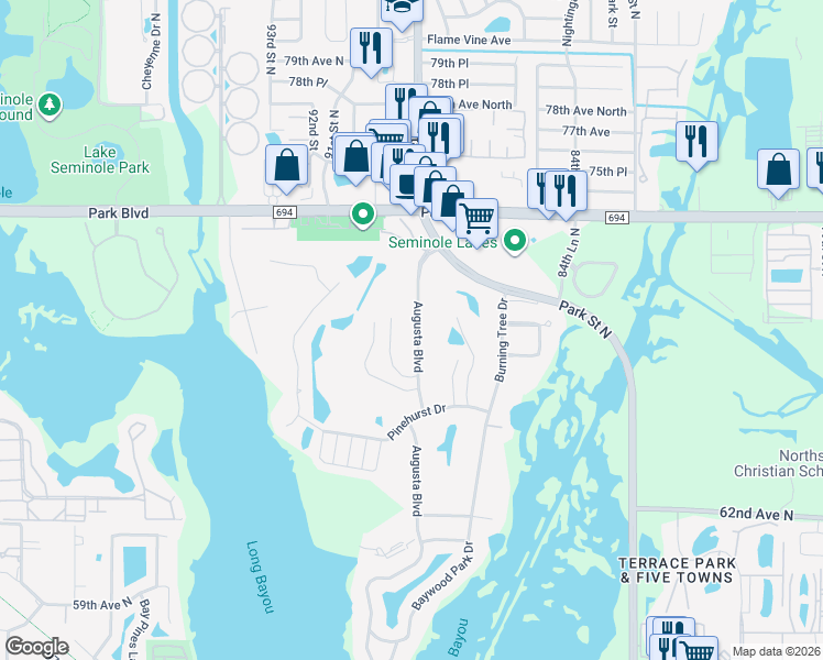 map of restaurants, bars, coffee shops, grocery stores, and more near 6944 Augusta Boulevard in Seminole