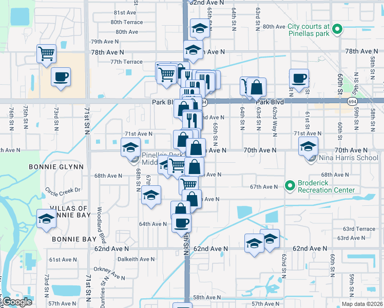 map of restaurants, bars, coffee shops, grocery stores, and more near 6995 66th Street North in Pinellas Park