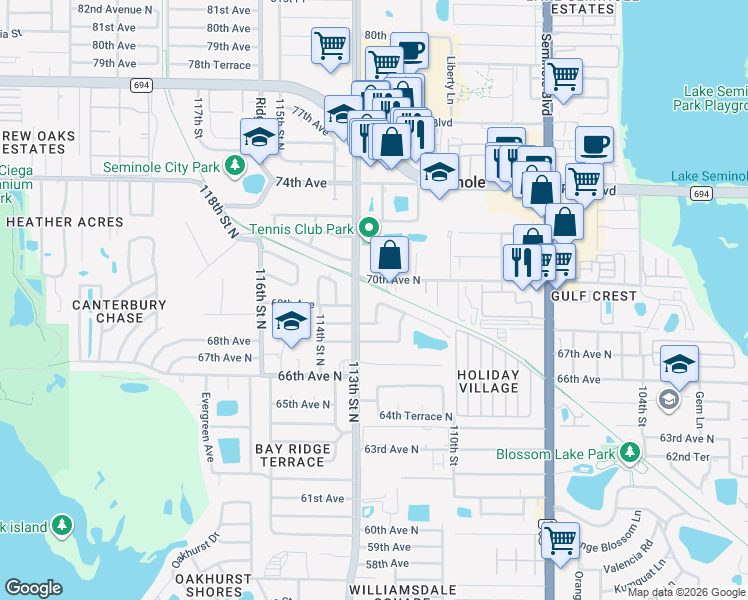 map of restaurants, bars, coffee shops, grocery stores, and more near 11245 69th Avenue in Seminole