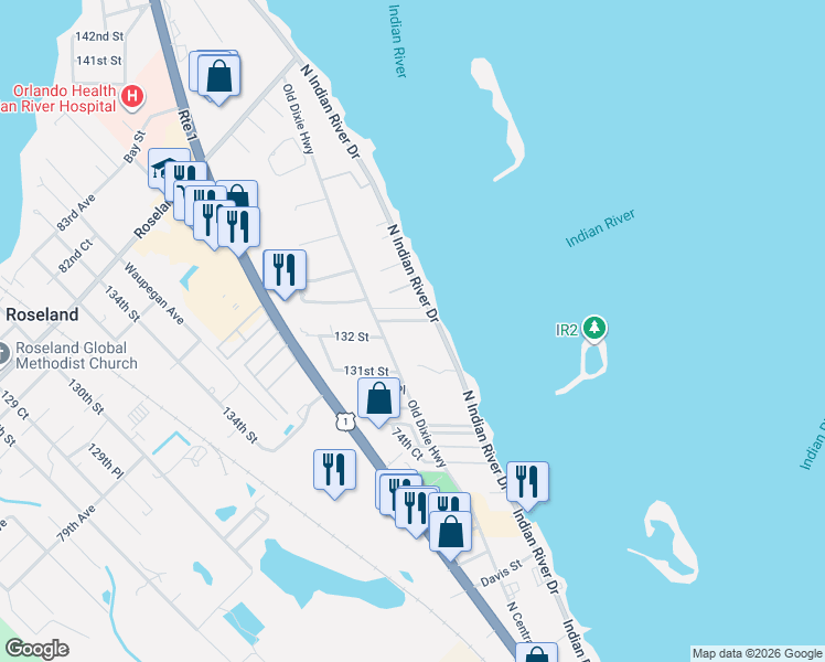 map of restaurants, bars, coffee shops, grocery stores, and more near 13275 North Indian River Drive in Sebastian