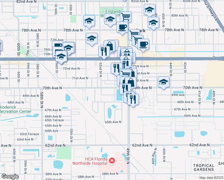 map of restaurants, bars, coffee shops, grocery stores, and more near 5040 70th Avenue North in Pinellas Park