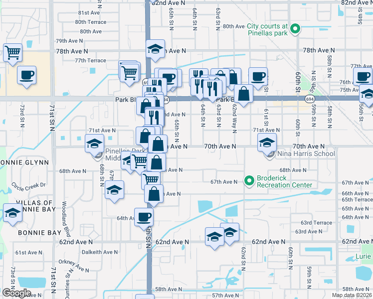 map of restaurants, bars, coffee shops, grocery stores, and more near 6442 70th Avenue North in Pinellas Park