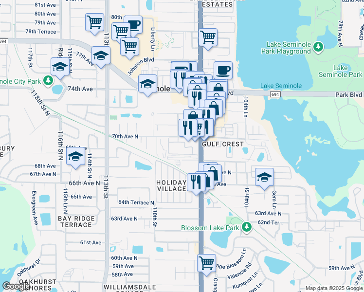 map of restaurants, bars, coffee shops, grocery stores, and more near 10754 70th Avenue in Seminole