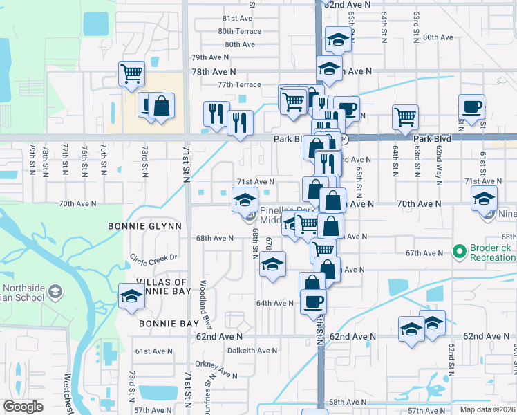 map of restaurants, bars, coffee shops, grocery stores, and more near 6770 70th Avenue North in Pinellas Park