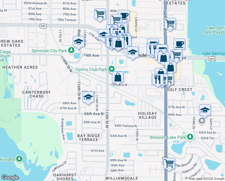 map of restaurants, bars, coffee shops, grocery stores, and more near 11245 69th Avenue in Seminole