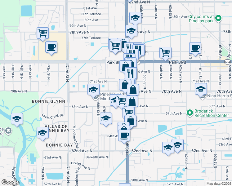 map of restaurants, bars, coffee shops, grocery stores, and more near 6620 70th Avenue North in Pinellas Park