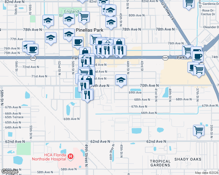 map of restaurants, bars, coffee shops, grocery stores, and more near 4619 69th Place North in Pinellas Park