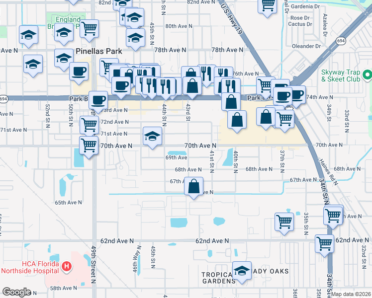 map of restaurants, bars, coffee shops, grocery stores, and more near 4300 70th Avenue North in Pinellas Park