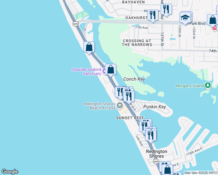map of restaurants, bars, coffee shops, grocery stores, and more near 18304 Gulf Boulevard in Redington Shores