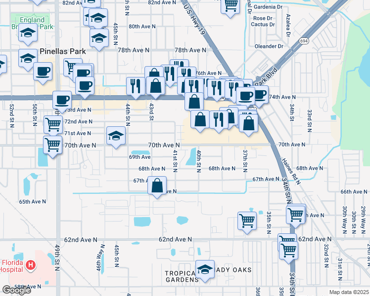 map of restaurants, bars, coffee shops, grocery stores, and more near 4059 69th Terrace North in Pinellas Park