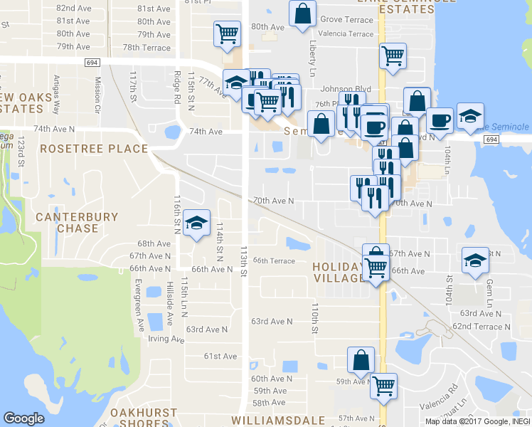 map of restaurants, bars, coffee shops, grocery stores, and more near 11211 69th Avenue in Seminole