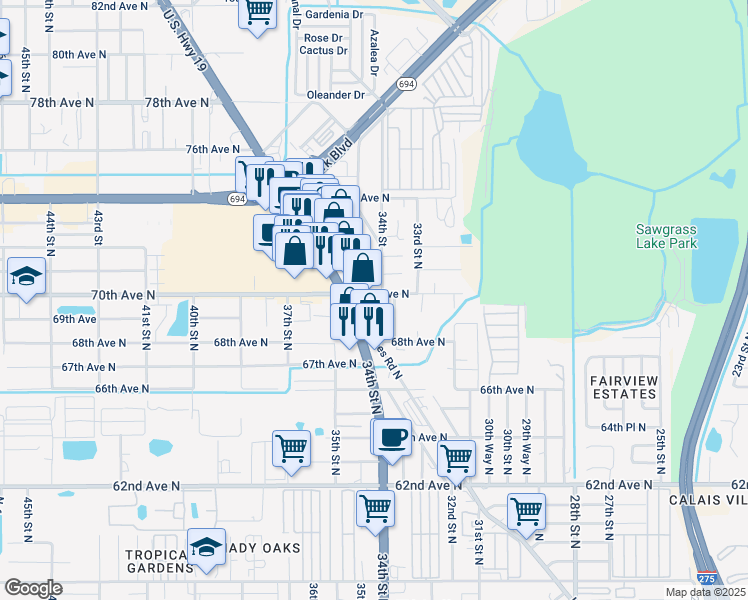 map of restaurants, bars, coffee shops, grocery stores, and more near 3404 70th Avenue North in Pinellas Park