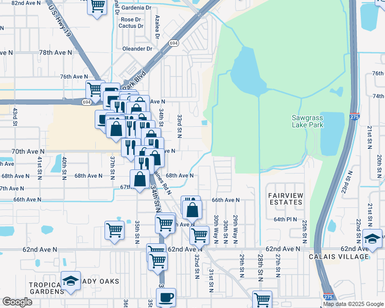 map of restaurants, bars, coffee shops, grocery stores, and more near 3240 70th Avenue North in Saint Petersburg