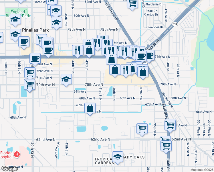 map of restaurants, bars, coffee shops, grocery stores, and more near 4059 69th Terrace North in Pinellas Park