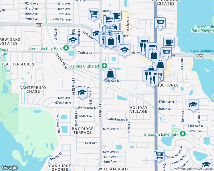 map of restaurants, bars, coffee shops, grocery stores, and more near 11211 69th Avenue in Seminole