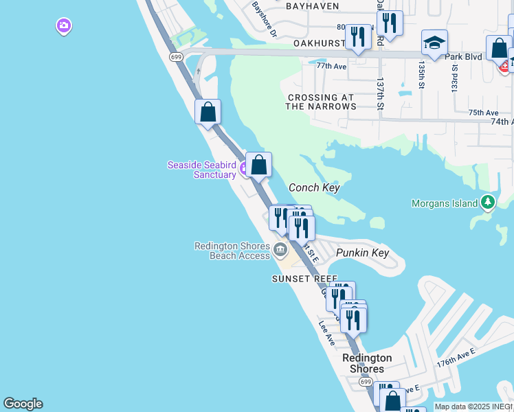 map of restaurants, bars, coffee shops, grocery stores, and more near 18304 Gulf Boulevard in Redington Shores