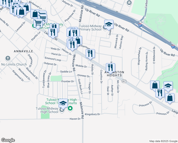 map of restaurants, bars, coffee shops, grocery stores, and more near 2825 Robby Street in Corpus Christi