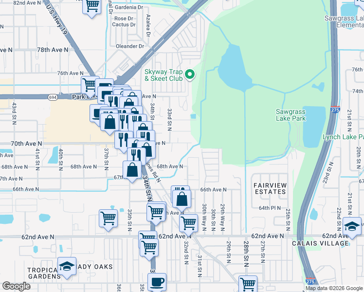 map of restaurants, bars, coffee shops, grocery stores, and more near 3240 70th Avenue North in St. Petersburg