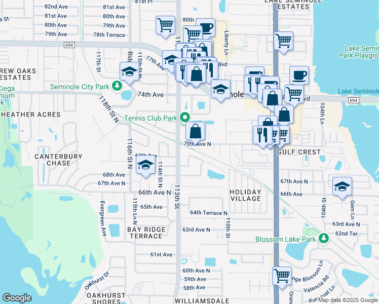 map of restaurants, bars, coffee shops, grocery stores, and more near 11211 69th Avenue in Seminole