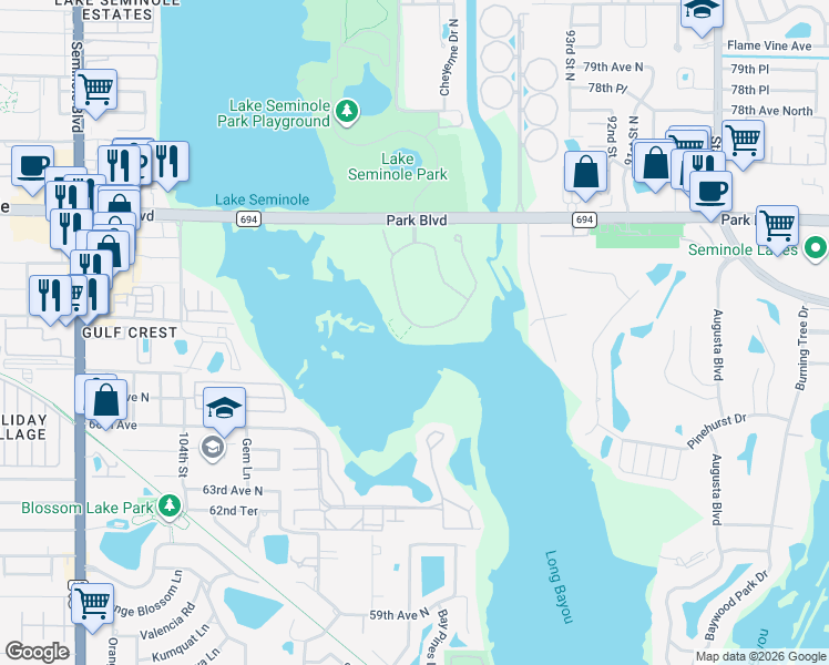 map of restaurants, bars, coffee shops, grocery stores, and more near 9996 Key Haven Road in Seminole