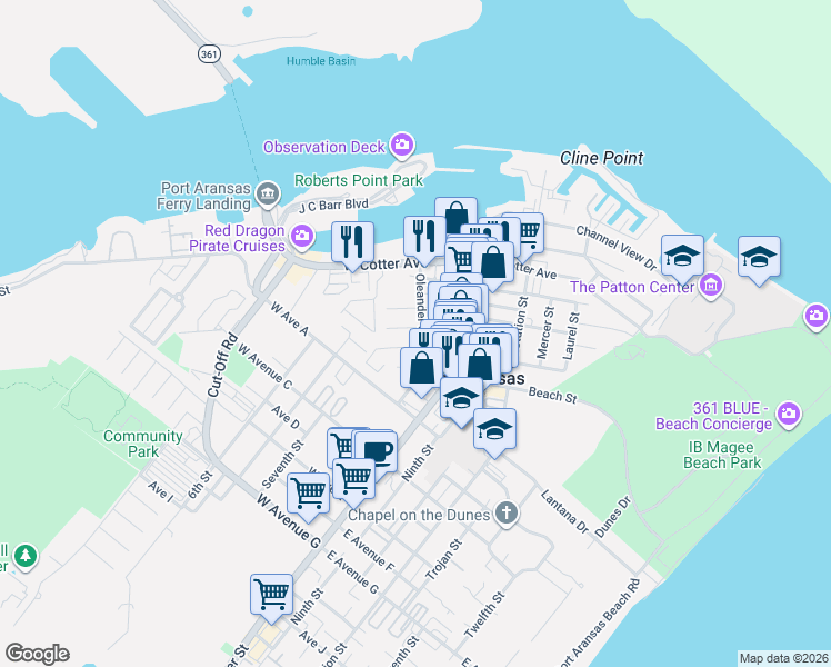 map of restaurants, bars, coffee shops, grocery stores, and more near 221 West Brundrett Avenue in Port Aransas